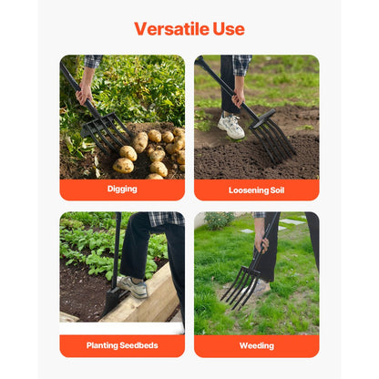 VEVOR 5 Tines Garden Fork Metal Handle 41 in Spading Pitchfork Y Grip Heavy Duty