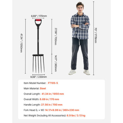 VEVOR 5 Tines Garden Fork Metal Handle 41 in Spading Pitchfork Y Grip Heavy Duty