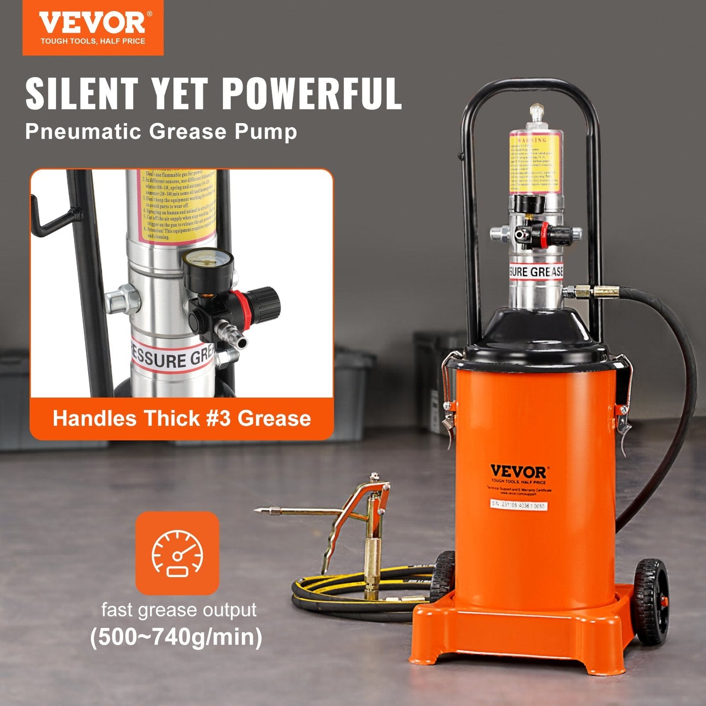 12L Pneumatic Grease Pump with 3.88m Hose and Wheels, 50:1 Pressure Ratio