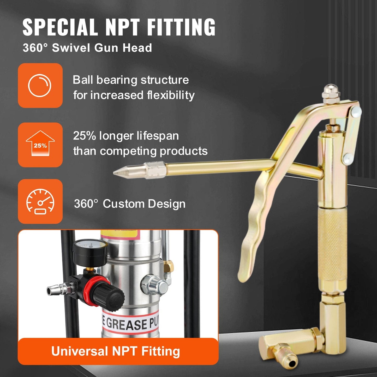 12L Pneumatic Grease Pump with 3.88m Hose and Wheels, 50:1 Pressure Ratio
