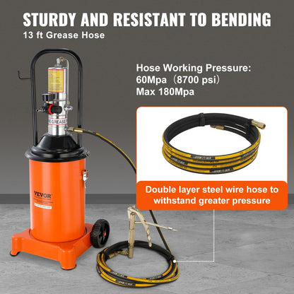 12L Pneumatic Grease Pump with 3.88m Hose and Wheels, 50:1 Pressure Ratio