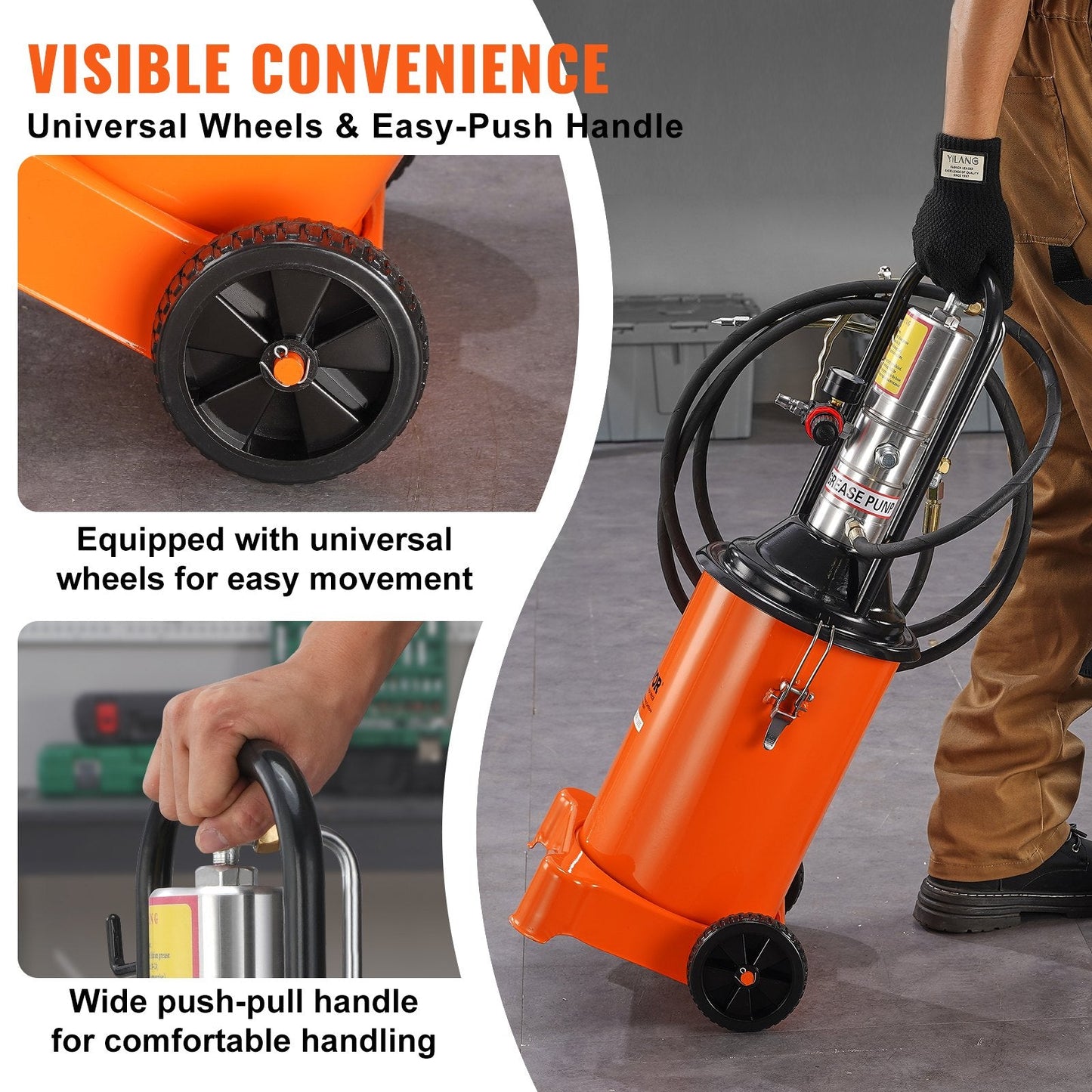 12L Pneumatic Grease Pump with 3.88m Hose and Wheels, 50:1 Pressure Ratio
