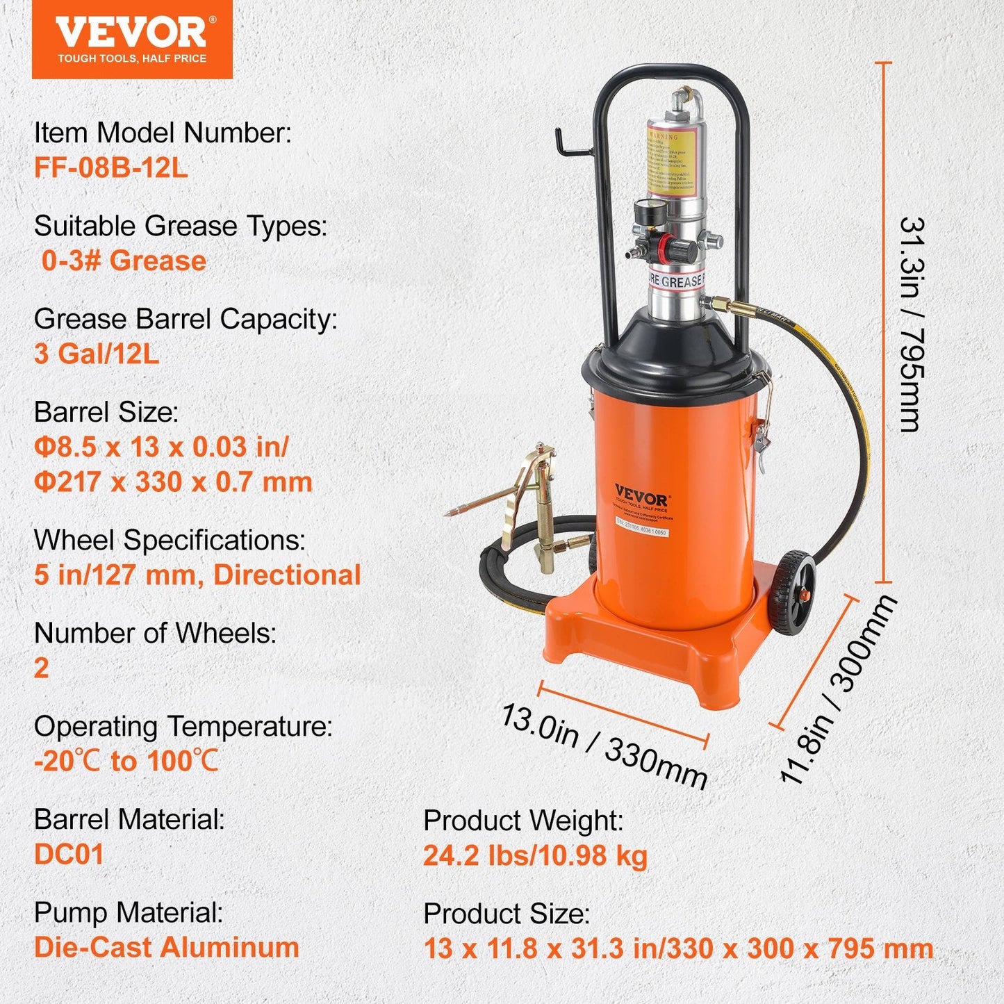 12L Pneumatic Grease Pump with 3.88m Hose and Wheels, 50:1 Pressure Ratio
