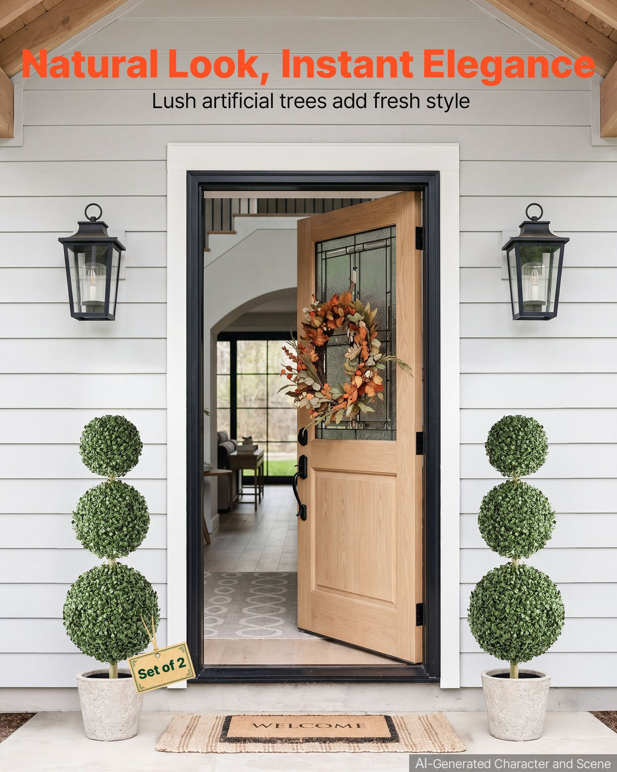 Artificial Boxwood Topiary Triple Ball 914 mm Set of 2 Greenery Decor, Premium PE Fake Trees, Year-Round Indoor & Outdoor Faux Green Plant for Front Door, Entryway, Porch, Balcony, Patio, Garden