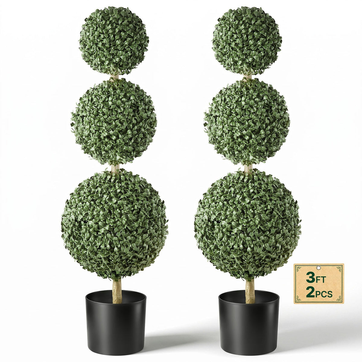 Artificial Boxwood Topiary Triple Ball 914 mm Set of 2 Greenery Decor, Premium PE Fake Trees, Year-Round Indoor & Outdoor Faux Green Plant for Front Door, Entryway, Porch, Balcony, Patio, Garden