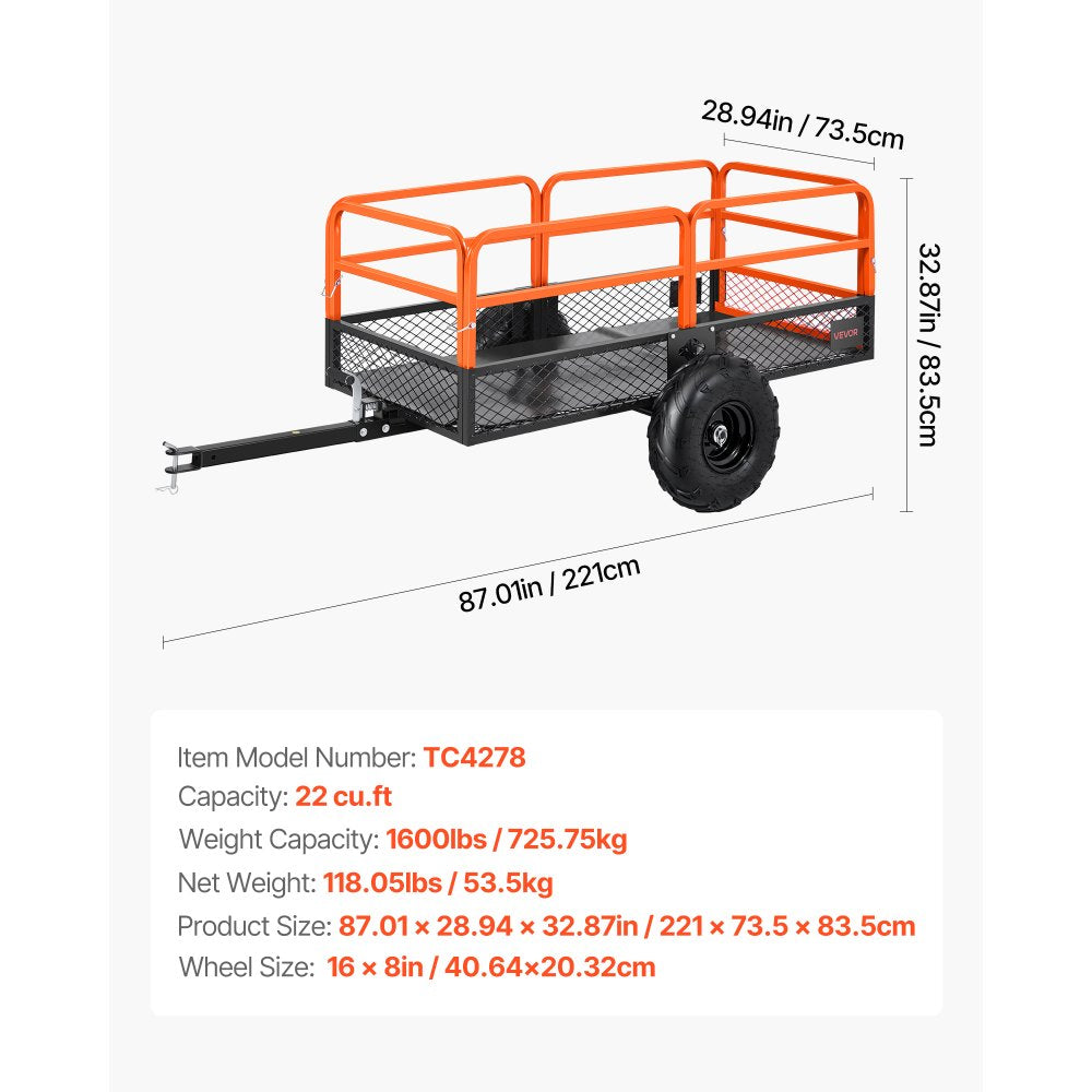 VEVOR Dump Trailer 725 kg 22 Cu. Ft Tow Behind Steel Garden Yard Trailer Cart