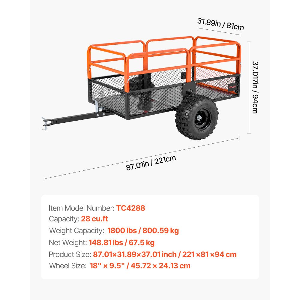VEVOR Dump Trailer 800 kg 28 Cu. Ft Tow Behind Steel Garden Yard Trailer Cart