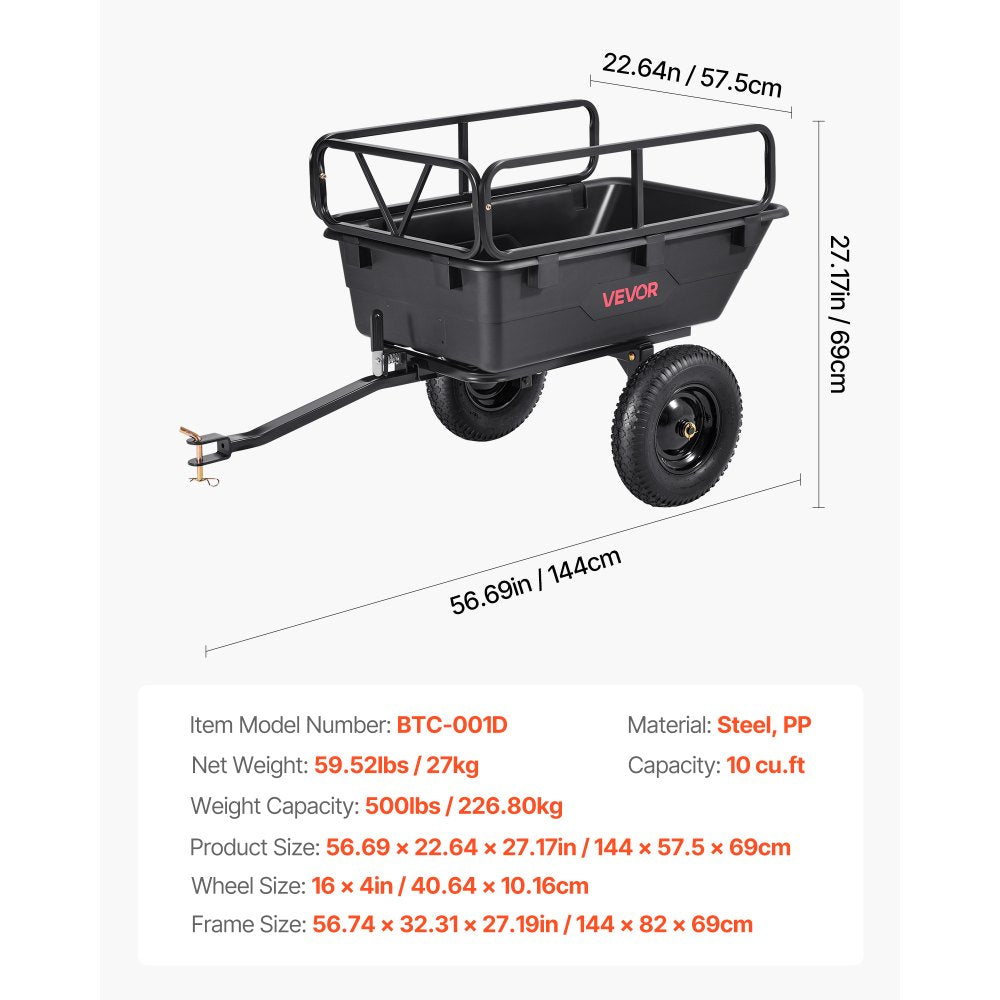 VEVOR Dump Trailer 227 kg 10 Cu. Ft Tow Behind Plastic Garden ATV Trailer Cart