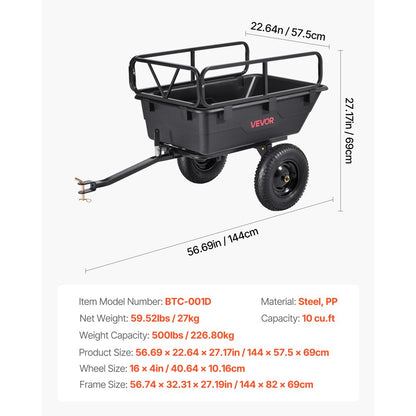 VEVOR Dump Trailer 227 kg 10 Cu. Ft Tow Behind Plastic Garden ATV Trailer Cart