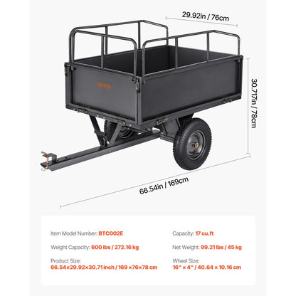 VEVOR Steel Dump Cart 17 Cu. Ft 272 kg for ATV/UTV Trailer Tow Behind Heavy Duty