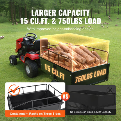 Heavy Duty Steel Dump Cart for ATV, 340 kg, 15 Cubic Feet, Garden Utility Trailer