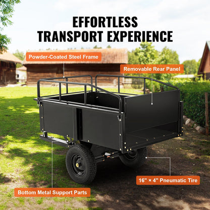 Heavy Duty Steel Dump Cart for ATV, 340 kg, 15 Cubic Feet, Garden Utility Trailer