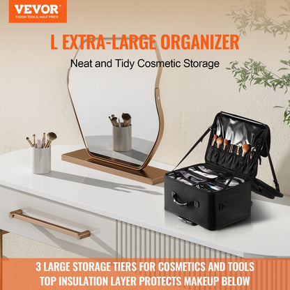 Large Black Makeup Train Case with Wheels, 3-Tier Storage, Portable & Durable