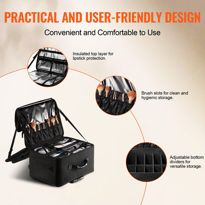 Large Black Makeup Train Case with Wheels, 3-Tier Storage, Portable & Durable