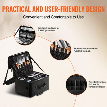 VEVOR Rolling Makeup Train Case Large Storage 3 Tiers, Convenient Carry With Handle,
