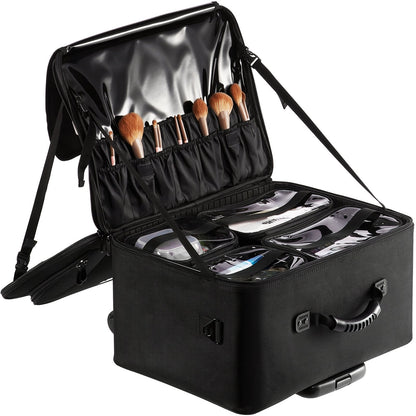 Large Black Makeup Train Case with Wheels, 3-Tier Storage, Portable & Durable