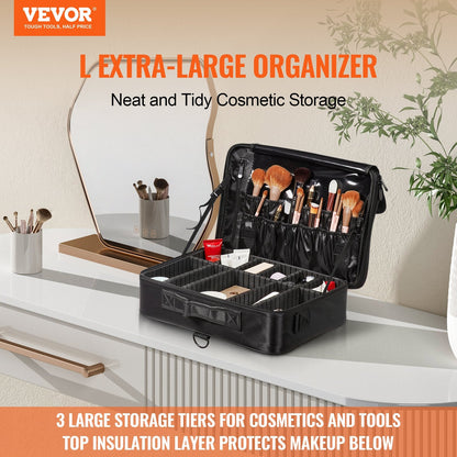 Professional Makeup Train Case with Adjustable Dividers, 3 Tiers, Black