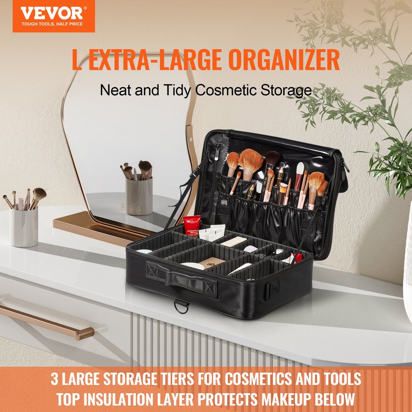 VEVOR Makeup Train Case Large Storage 3 Tiers, Convenient Carry With Handle, Strap,