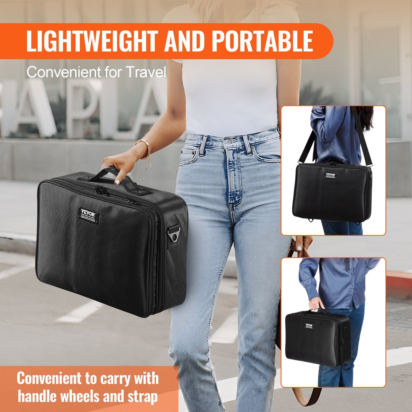 VEVOR Makeup Train Case Large Storage 3 Tiers, Convenient Carry With Handle, Strap,