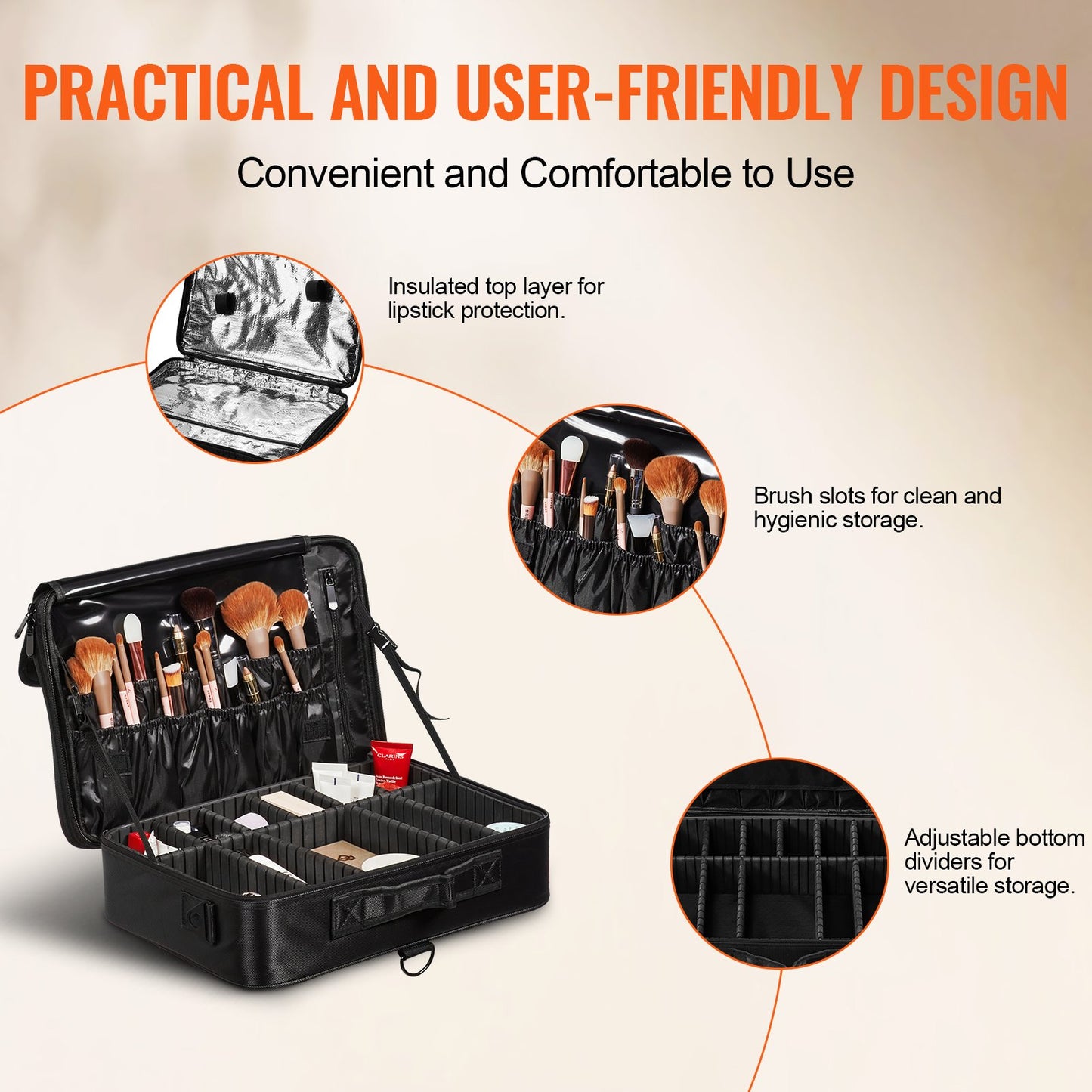 VEVOR Makeup Train Case Large Storage 3 Tiers, Convenient Carry With Handle, Strap,