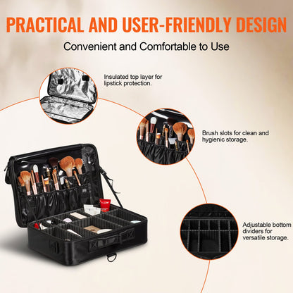 VEVOR Makeup Train Case Large Storage 3 Tiers, Convenient Carry With Handle, Strap,