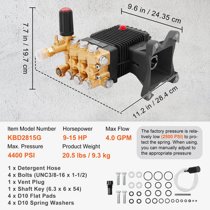 Pressure Washer Pump 25.4 mm Shaft, 4400 PSI, 4 GPM, Triplex Plunger Replacement