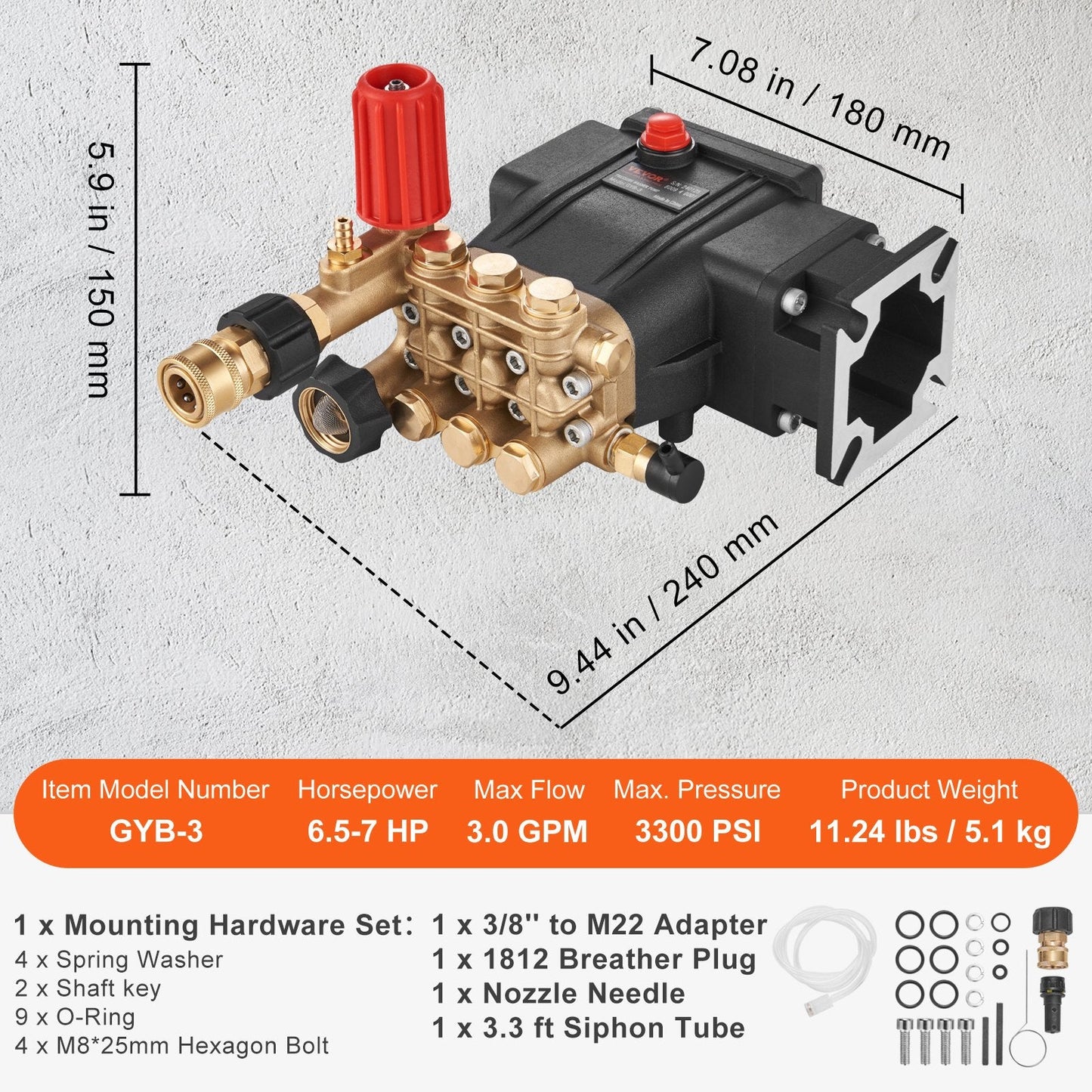 High-Performance 19 mm Shaft Triplex Plunger Pump, 3700 PSI, 2.5 GPM