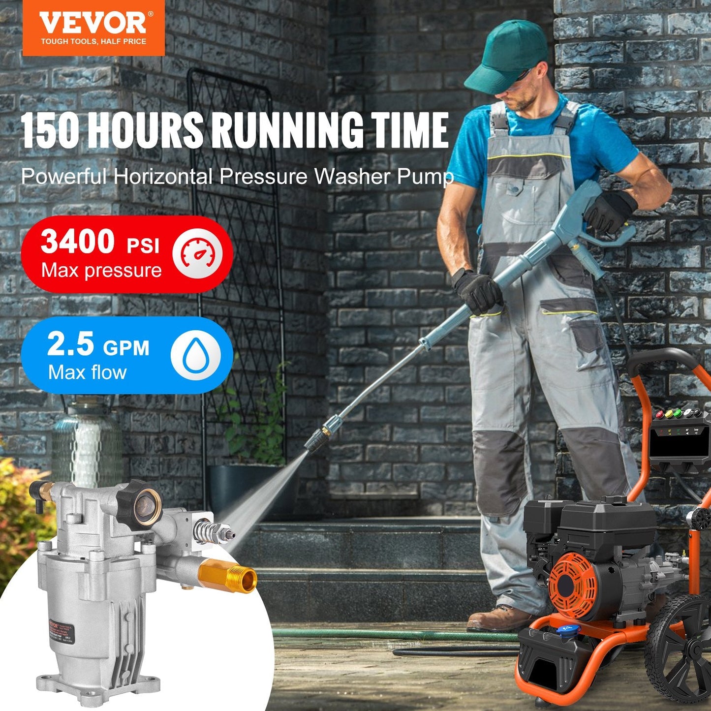 High-Performance 3400 PSI Pressure Washer Pump, 19mm Shaft, 2.5 GPM