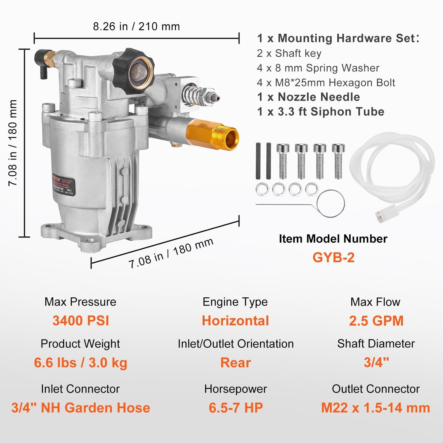 High-Performance 3400 PSI Pressure Washer Pump, 19mm Shaft, 2.5 GPM