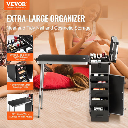 Professional Aluminum Makeup Trolley with Workbench and Swivel Wheels, Black