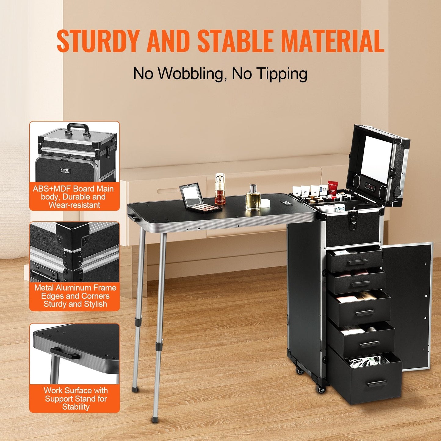 Professional Aluminum Makeup Trolley with Workbench and Swivel Wheels, Black