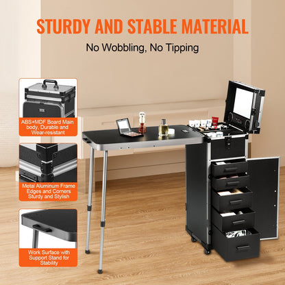 Professional Aluminum Makeup Trolley with Workbench and Swivel Wheels, Black