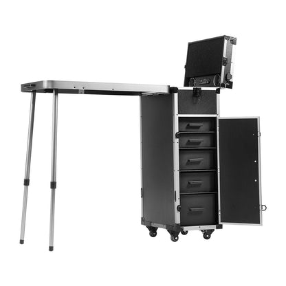Professional Aluminum Makeup Trolley with Workbench and Swivel Wheels, Black