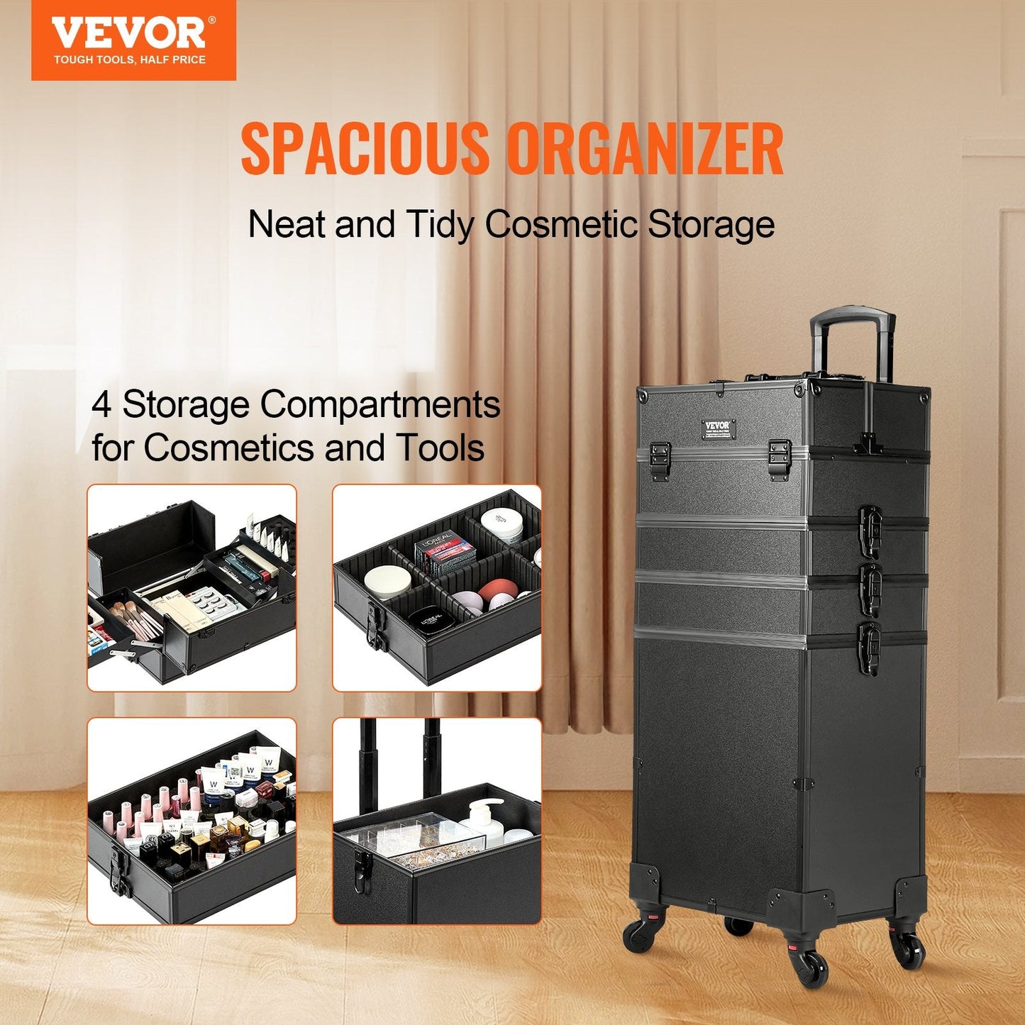 5-in-1 Rolling Makeup Case: Large Capacity, Portable, Durable with Lock, Black