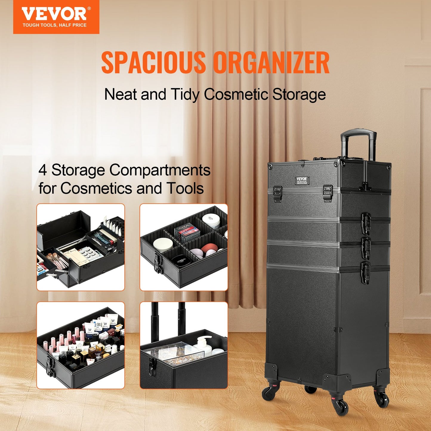 VEVOR 5 in 1 Professional Makeup Train Case Aluminum Cosmetic Case, Rolling Makeup