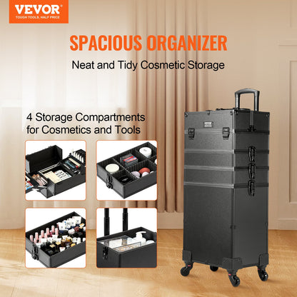 VEVOR 5 in 1 Professional Makeup Train Case Aluminum Cosmetic Case, Rolling Makeup