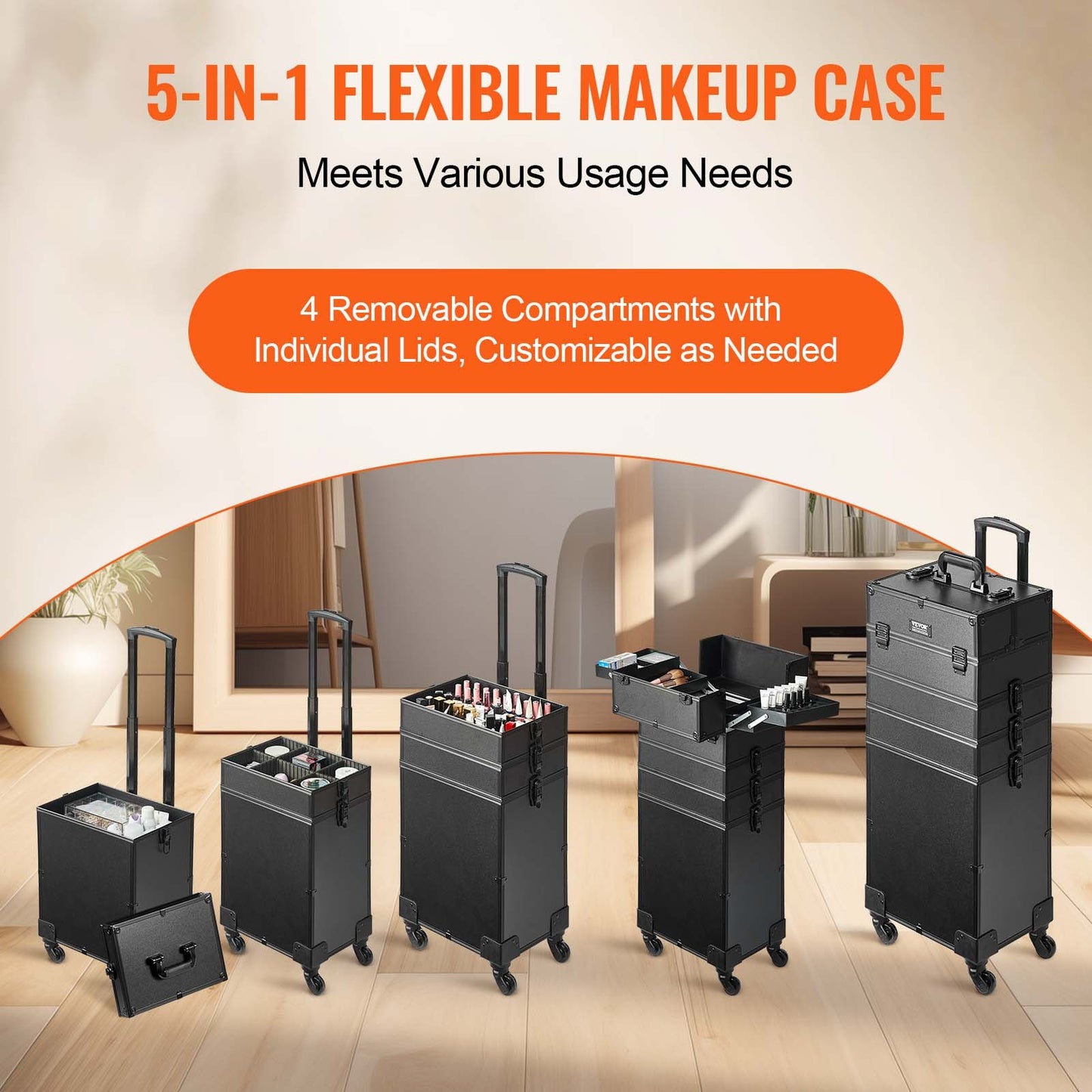 VEVOR 5 in 1 Professional Makeup Train Case Aluminum Cosmetic Case, Rolling Makeup