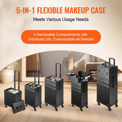 VEVOR 5 in 1 Professional Makeup Train Case Aluminum Cosmetic Case, Rolling Makeup