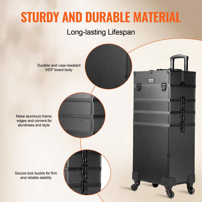 5-in-1 Rolling Makeup Case: Large Capacity, Portable, Durable with Lock, Black