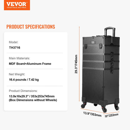 5-in-1 Rolling Makeup Case: Large Capacity, Portable, Durable with Lock, Black