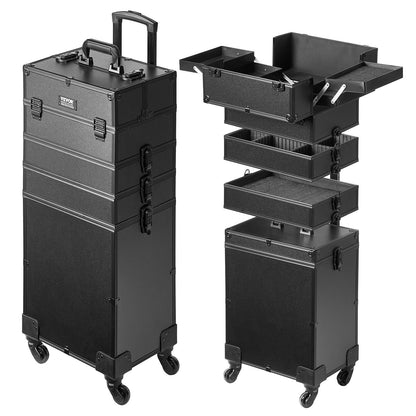 5-in-1 Rolling Makeup Case: Large Capacity, Portable, Durable with Lock, Black
