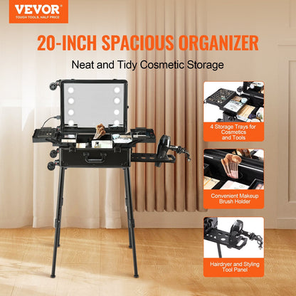 Professional Rolling Makeup Case with Adjustable Legs and Large Capacity Storage