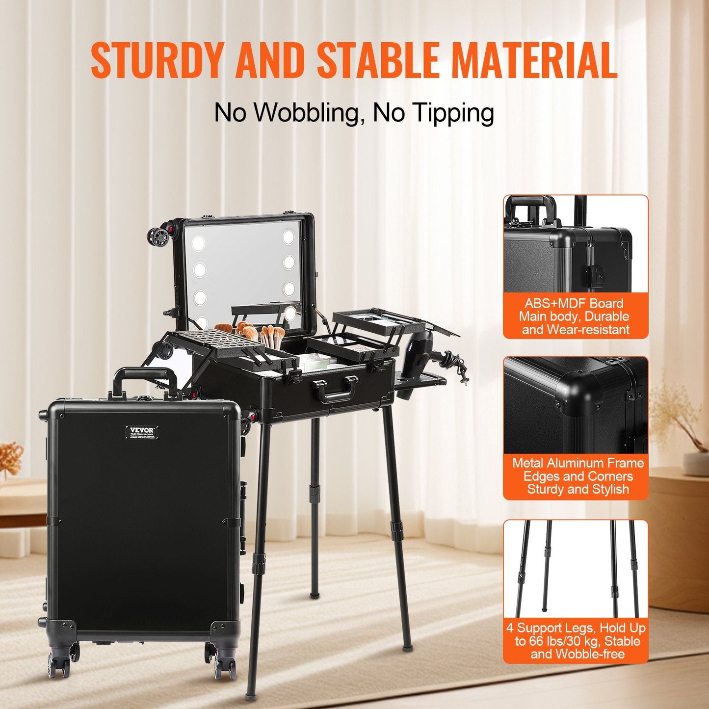 Professional Rolling Makeup Case with Adjustable Legs and Large Capacity Storage