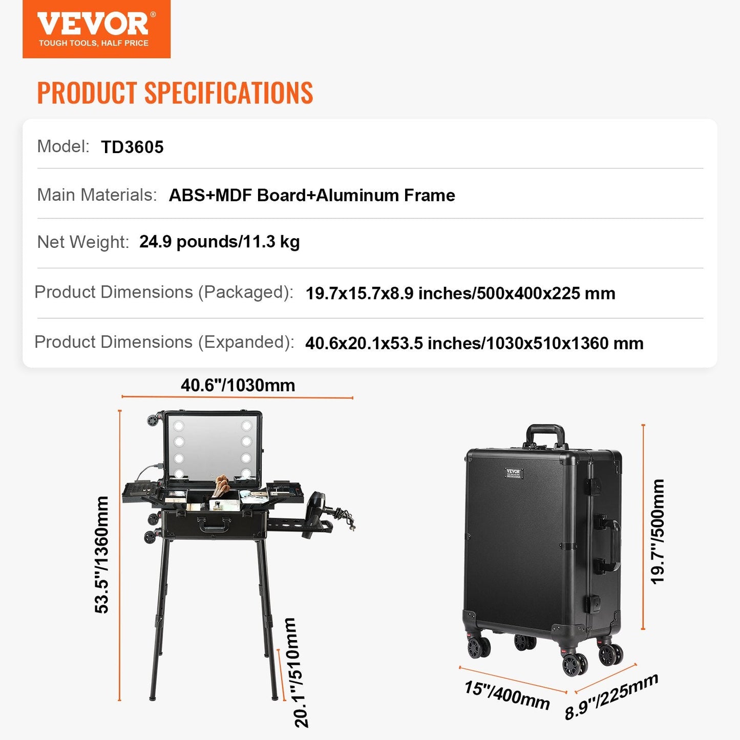 Professional Rolling Makeup Case with Adjustable Legs and Large Capacity Storage
