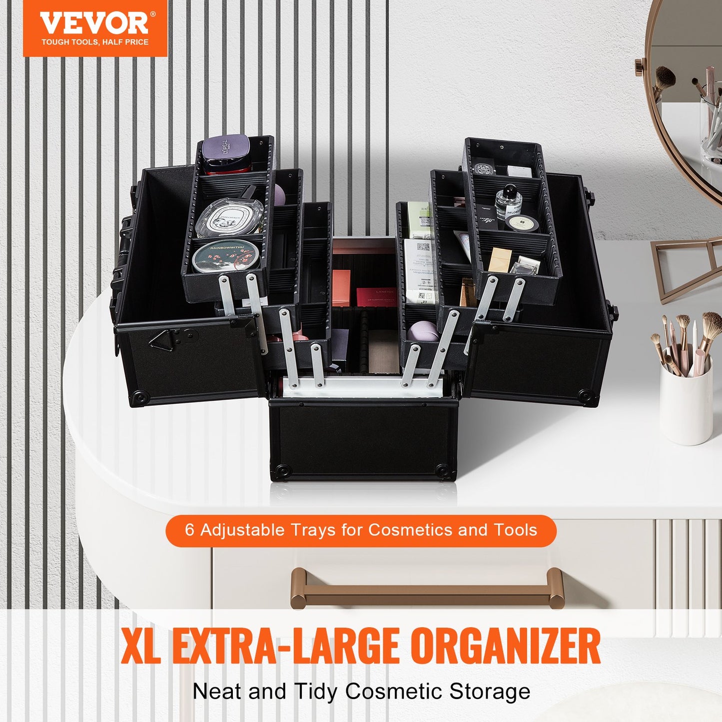 VEVOR Makeup Train Case 370MM Large Portable Cosmetic Case, 6 Tier Trays Professional