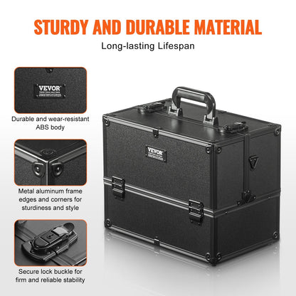 Large Portable Makeup Train Case with 6 Tiers and Lock - Black