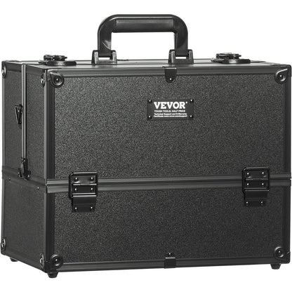 Large Portable Makeup Train Case with 6 Tiers and Lock - Black