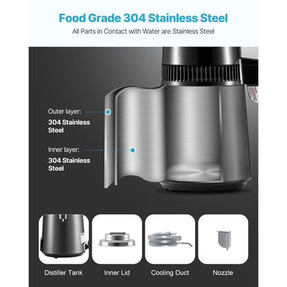 4L Water Distiller Home Countertop Purifier Machine 1750W Stainless Steel