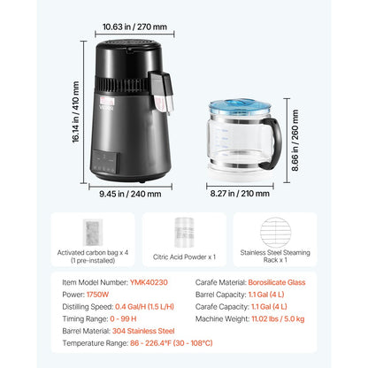 4L Water Distiller Home Countertop Purifier Machine 1750W Stainless Steel