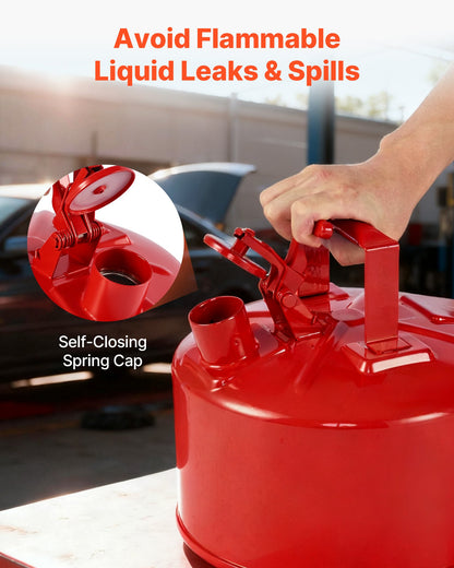 Safety Gas Can, 9.5 L Type I Red Safety Can for Gasoline with Stainless Steel Flame Arrester, Self-Closing Lid, and PE Funnel, Carbon Steel Flammable Storage Container with Ergonomic Handle